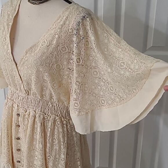 Boho Romantic Lace Overlay Angel Sleeve Mini Dress Pink sz S - Picture 8 of 11